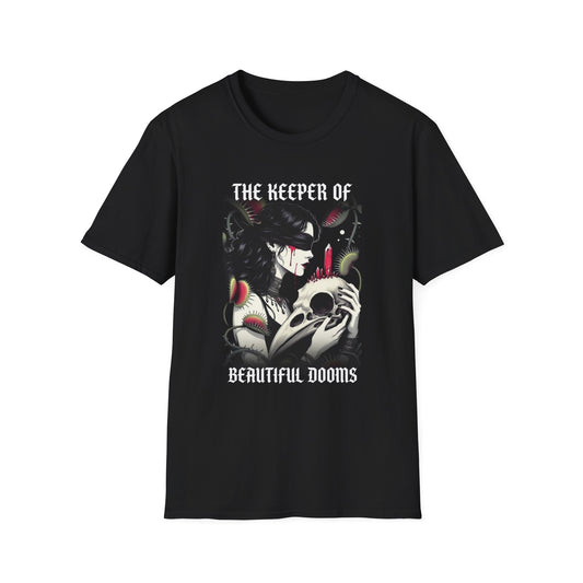 T-Shirt — 'The Keeper of Beautiful Dooms' Gothic Skull & Candle Graphic Tee