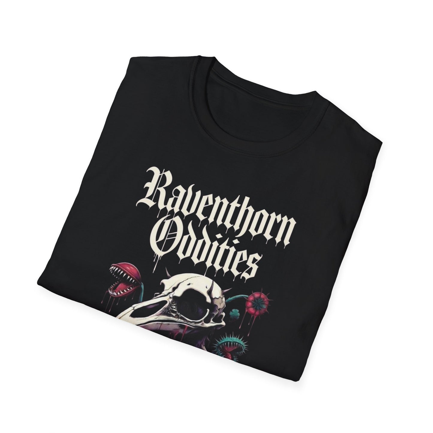 Graphic T-Shirt — "Raventhorn Oddities" Skull & Botanical Gothic Tee