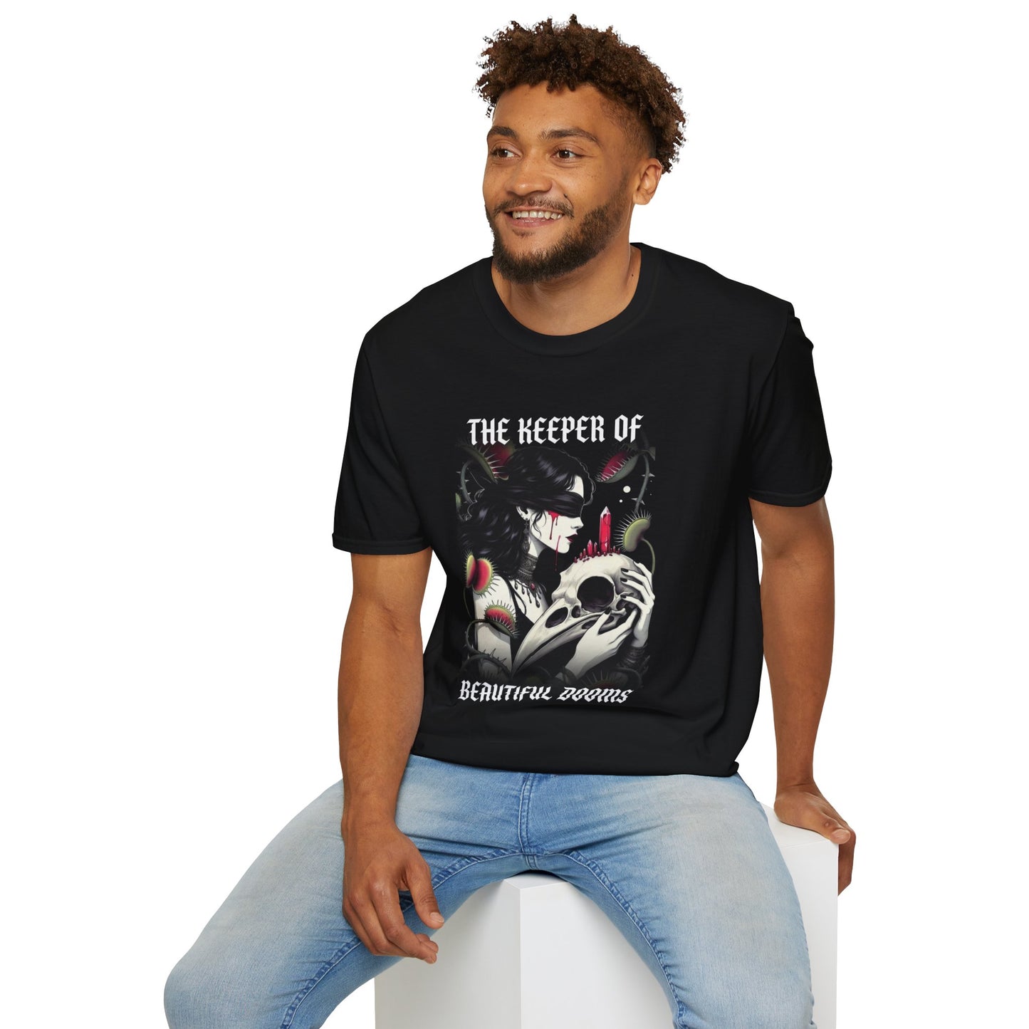 T-Shirt — 'The Keeper of Beautiful Dooms' Gothic Skull & Candle Graphic Tee