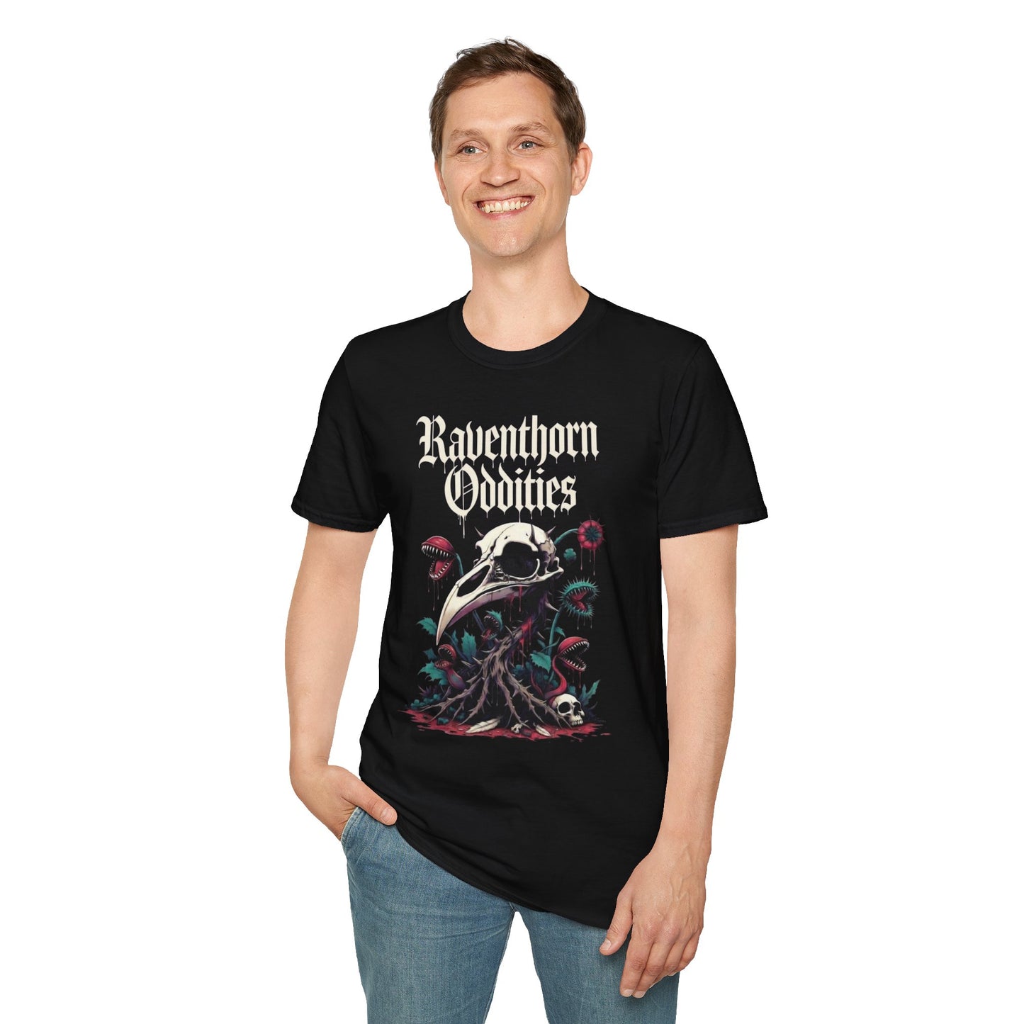 Graphic T-Shirt — "Raventhorn Oddities" Skull & Botanical Gothic Tee