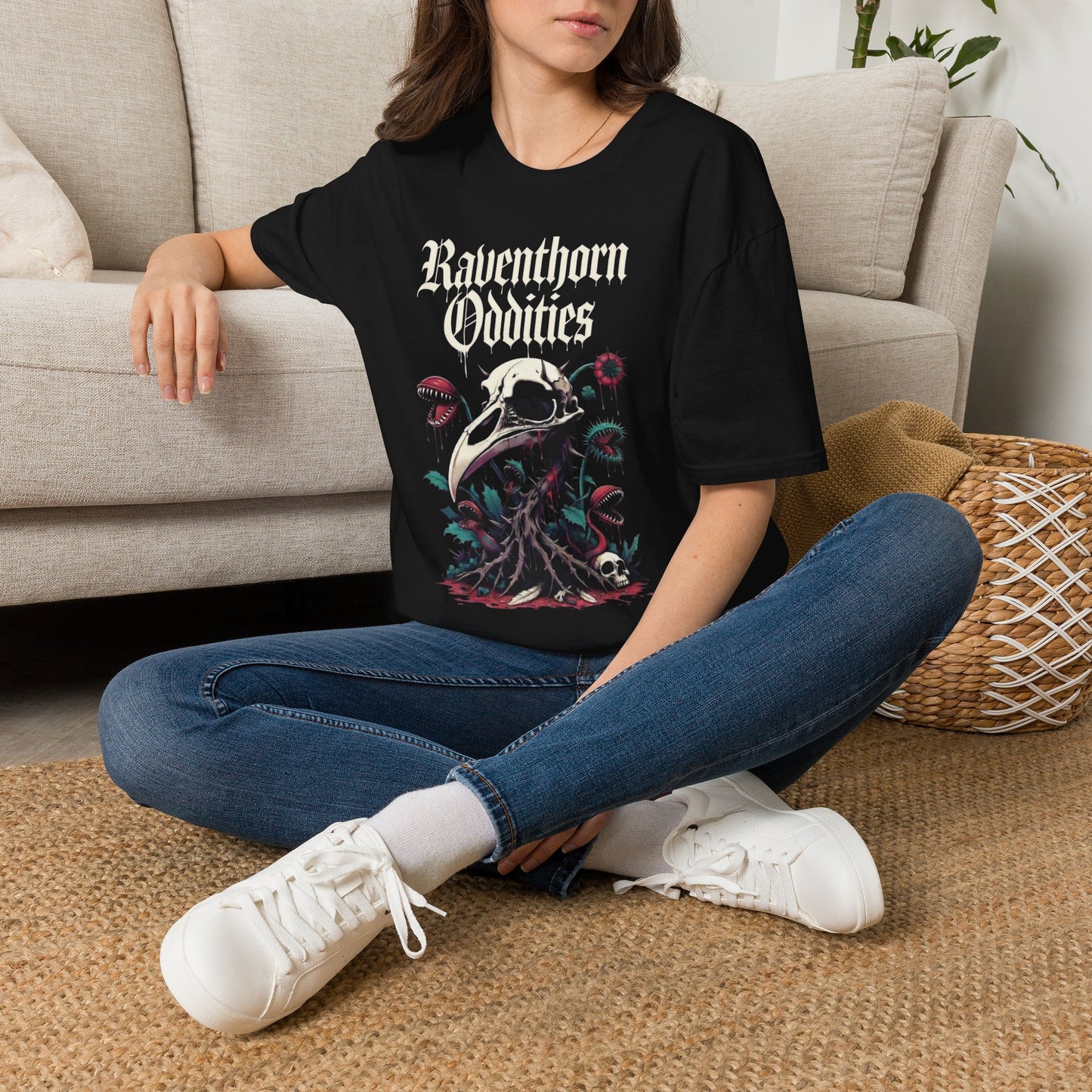 Graphic T-Shirt — "Raventhorn Oddities" Skull & Botanical Gothic Tee
