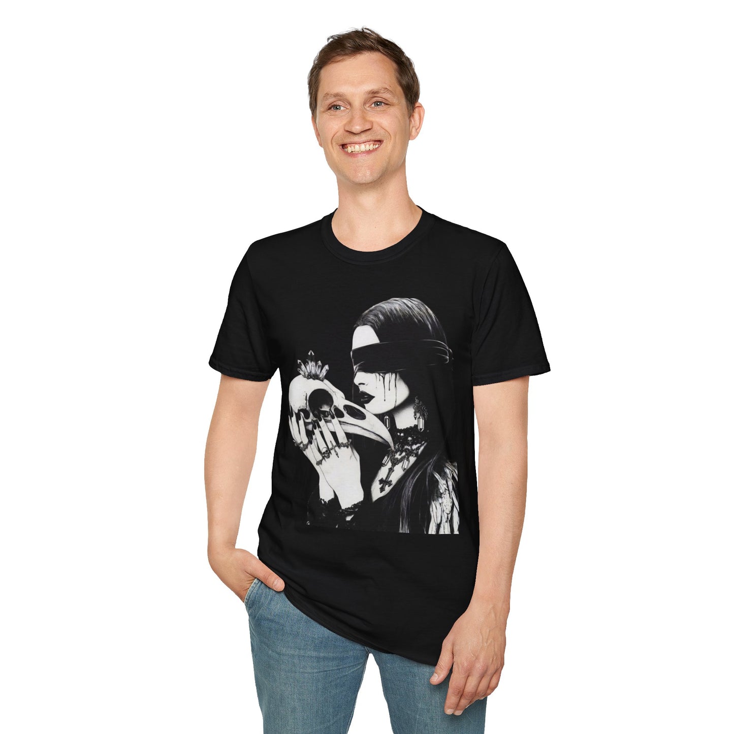 Gothic Blindfolded Woman & Skull T-Shirt — Dark Witchy Aesthetic