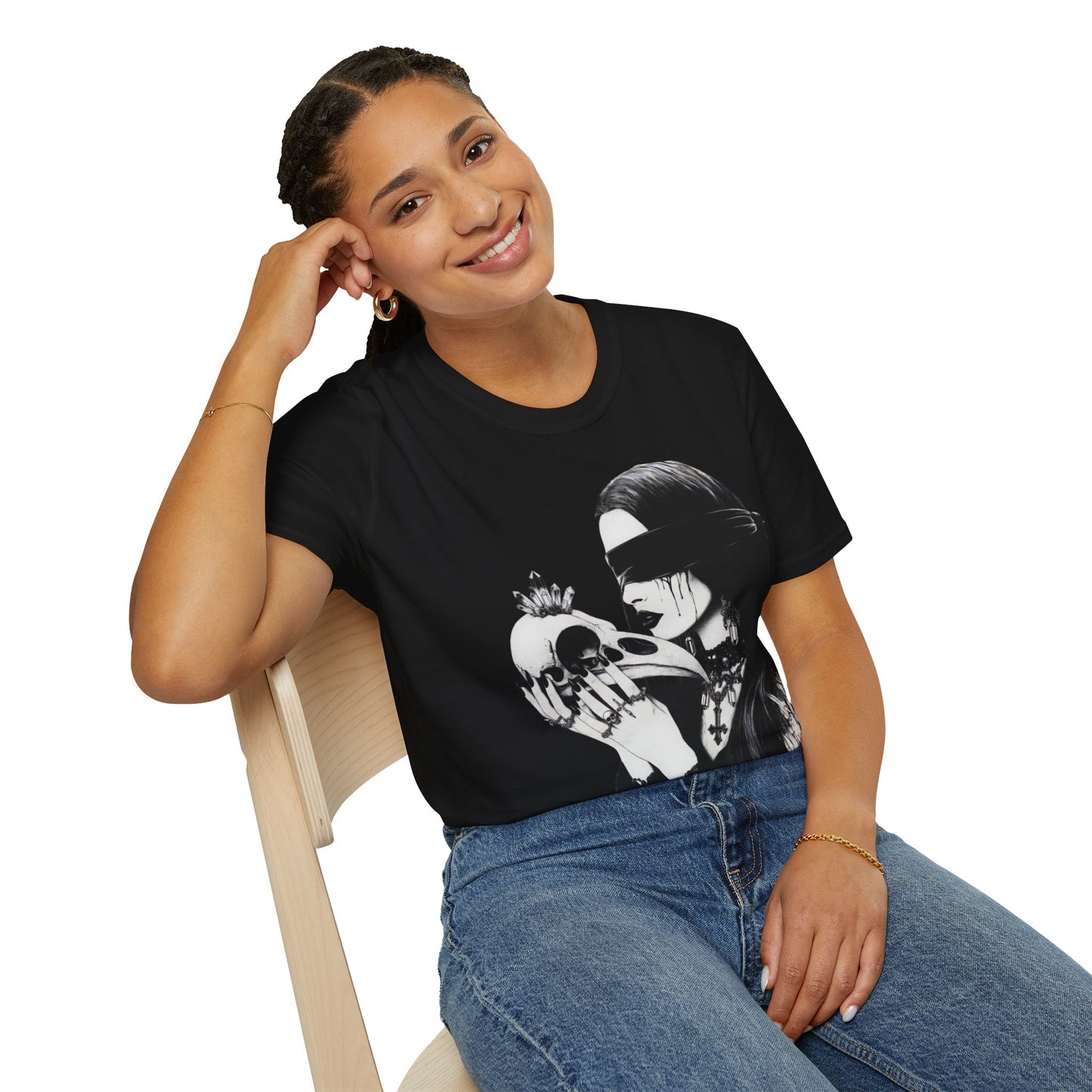 Gothic Blindfolded Woman & Skull T-Shirt — Dark Witchy Aesthetic