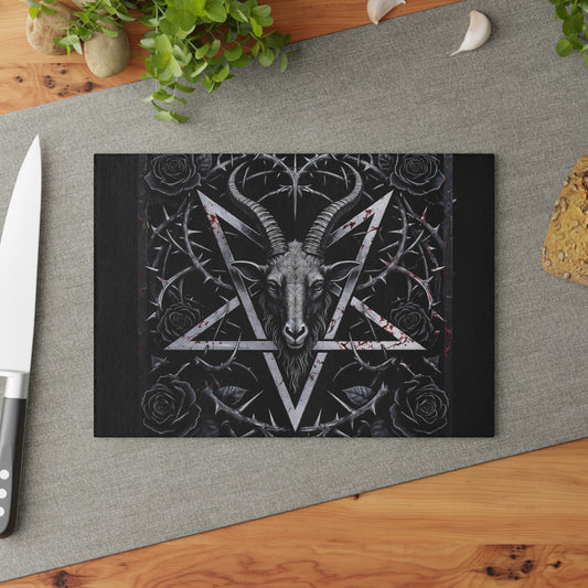 Baphomet Goat Pentagram Glass Cutting Board — Gothic Kitchen Decor
