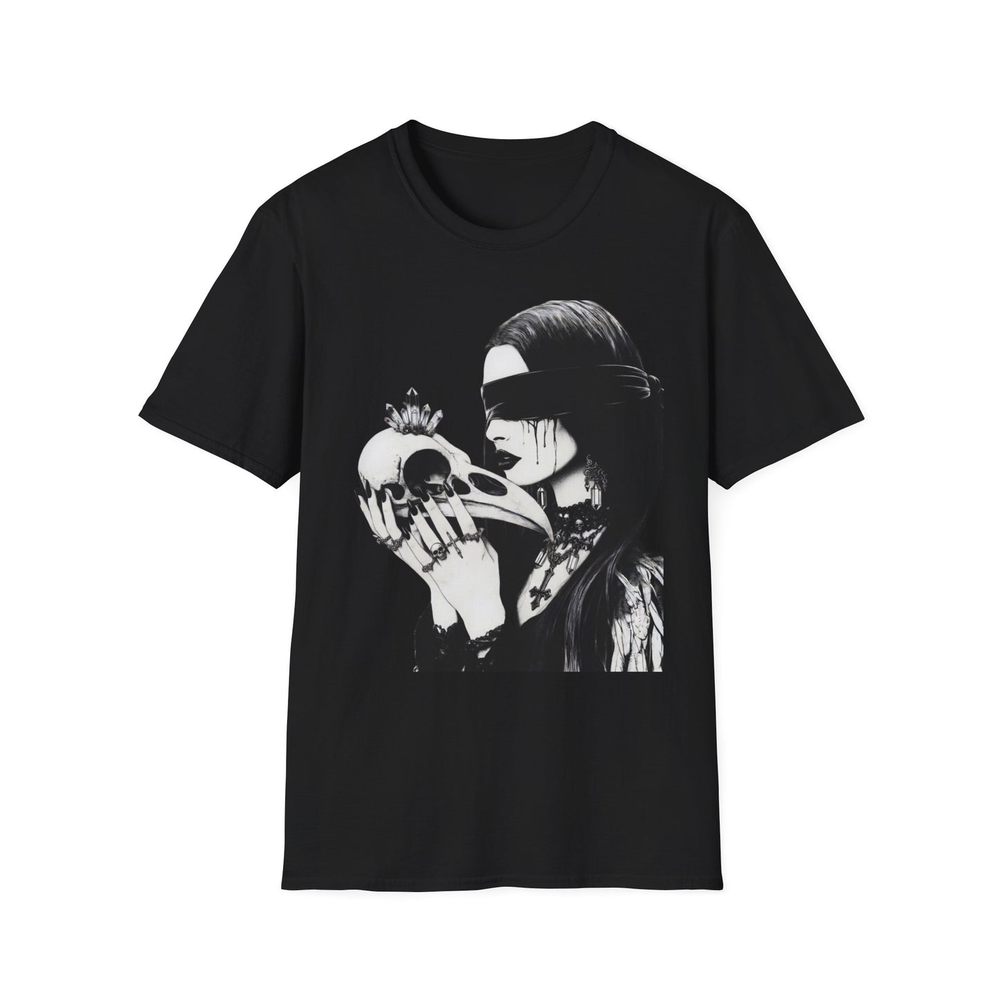 Gothic Blindfolded Woman & Skull T-Shirt — Dark Witchy Aesthetic