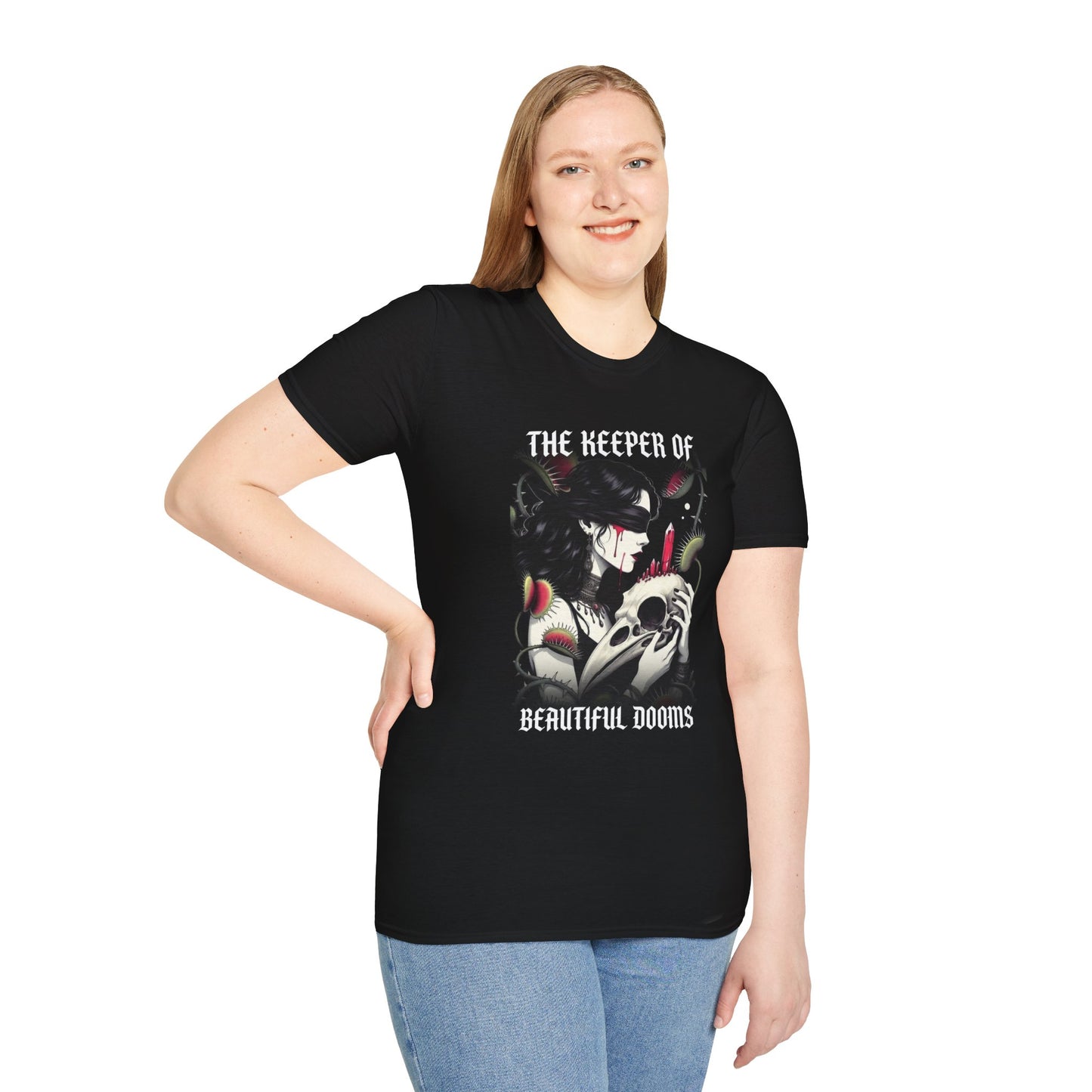 T-Shirt — 'The Keeper of Beautiful Dooms' Gothic Skull & Candle Graphic Tee